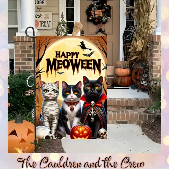 Spooky Halloween Cat Garden  Flag for patio, lawn, garden, yard, deck, porch, or veranda