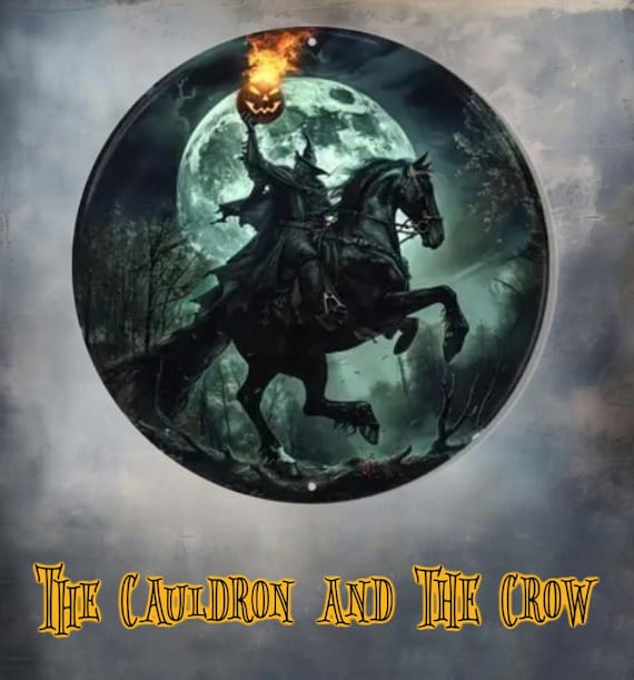 Headless Horseman Round Metal 8" Sign for Altar, Shrine, Garden or Home Decor