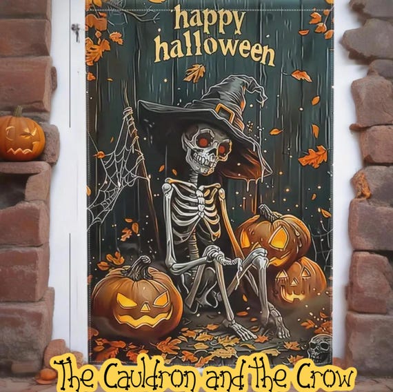 Witchy Skeleton Halloween Garden Flag for patio, lawn, garden, yard, deck, porch, or veranda