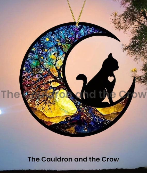 The Black Cat Tree of Life Acrylic Suncatcher Prism for Altar, Shrine, Garden or Home Decor 8"