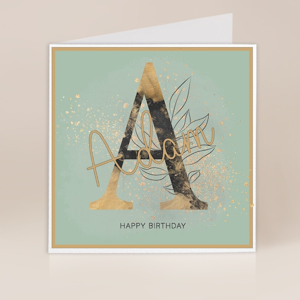 Male Greetings Card | Male Birthday Card |Green Black and Gold Design | Birthday Card for Men | Card For Him | Initial and name