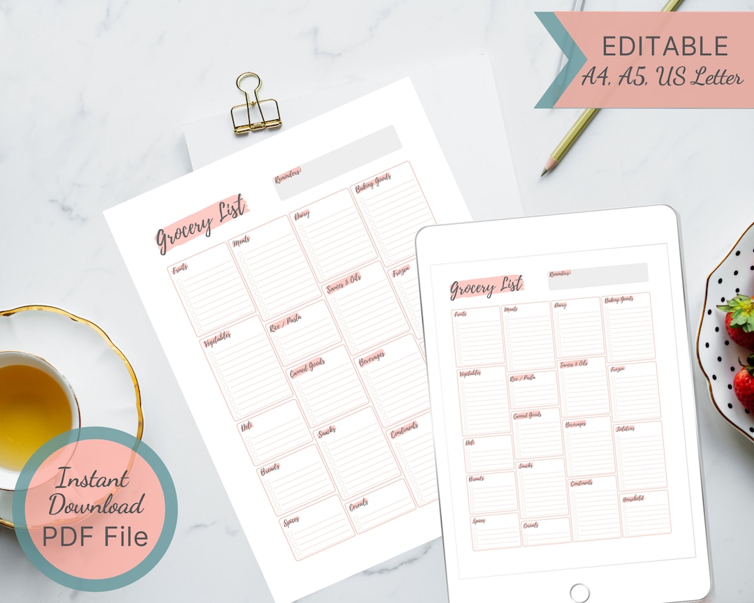 Printable Blank Grocery List With Categories / Editable Grocery List ...