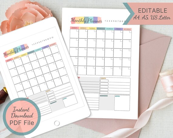 Printable Monthly Planner / Editable Month Organizer / Undated - Etsy