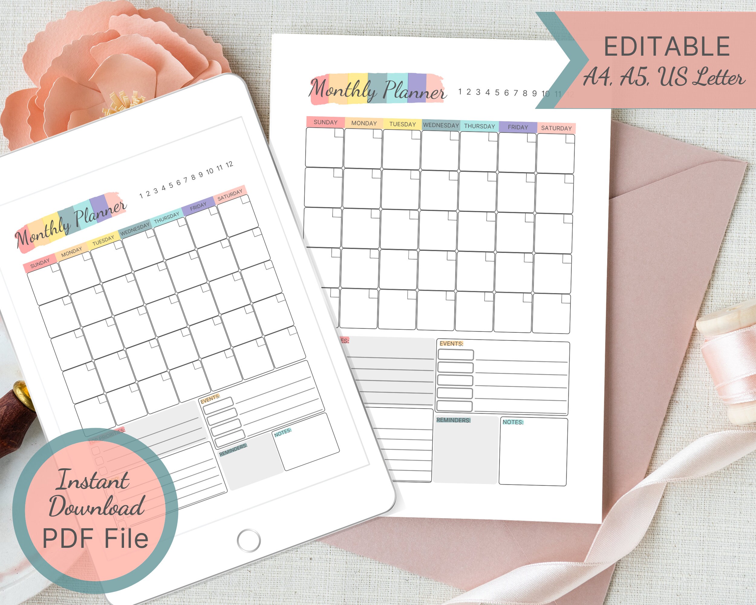 Printable Monthly Planner / Editable Month Organizer / Undated Monthly Calendar / Planner Pages ...
