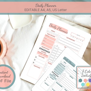 Printable Daily Planner / Editable Productivity Day Planner / To Do List / Work Day Diary Insert Template / Mood Tracker / Fitness Tracker