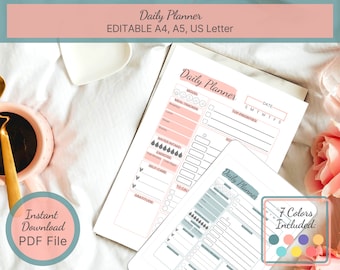 Printable Daily Planner / Editable Productivity Day Planner / To Do List / Work Day Diary Insert Template / Mood Tracker / Fitness Tracker