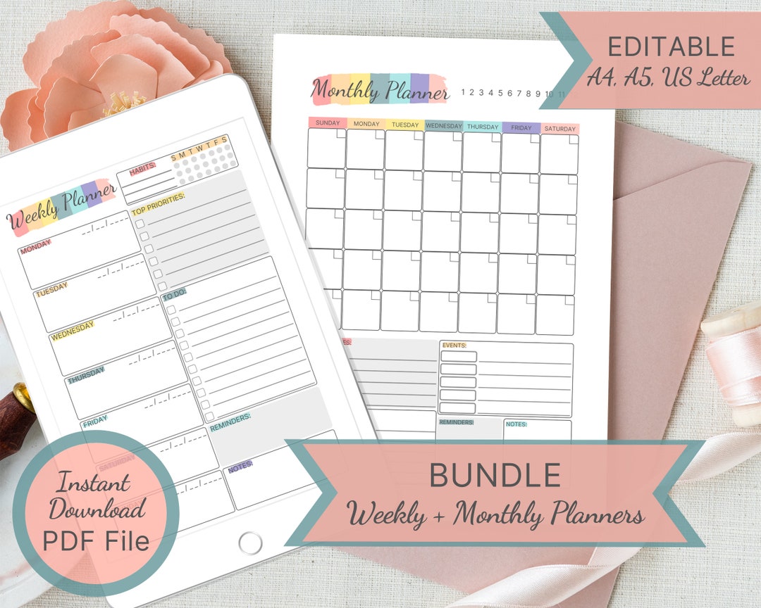 Printable Weekly &amp; Monthly Planners / Editable Weekly Planner ...