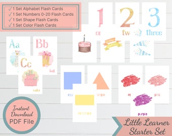 Juego de tarjetas imprimibles / Juego de inicio para pequeños estudiantes / Tarjetas de abecedario / Tarjetas de números / Tarjetas de colores / Tarjetas de formas