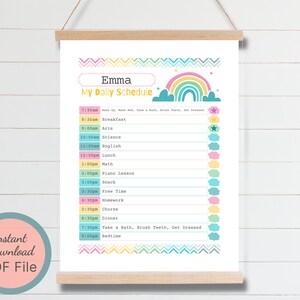May include: A printable daily schedule for children featuring a rainbow and clouds. The schedule is titled "Emma My Daily Schedule" and lists activities from 7:30 AM to 9:00 PM.