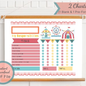 May include: A printable chore chart with a circus theme. The chart includes a list of tasks, a calendar grid, and a space for rewards. The chart is designed to help children learn responsibility and develop good habits.