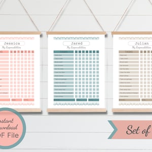 May include: Set of three printable chore charts for kids. Each chart features a different color: pink, blue, and brown. The charts are designed with a simple grid layout and include a list of tasks, days of the week, and spaces for checking off completed tasks. The charts are titled "Jessica", "Jared", and "Julian".