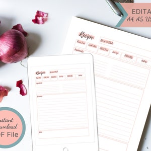 Printable Recipe Page / Editable Recipe Book Template / Simple Recipe Card for Recipe Binder