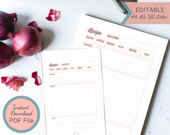 Página de recetas imprimible / Plantilla de recetario editable / Tarjeta de recetas sencilla para archivador