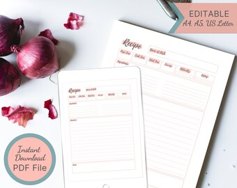 Printable Recipe Page / Editable Recipe Book Template / Simple Recipe Card for Recipe Binder