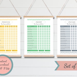 May include: Set of three printable chore charts for children. Each chart features a different color scheme: yellow, green, and gray. The charts are labeled with the names Jessica, Jared, and Julian. Each chart includes a list of chores, a calendar grid for tracking completion, and sections for rewards, goals, and totals.