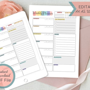 Printable Weekly Planner / Editable Week Organizer / To-Do List / Planner Insert Template / Blank Weekly Agenda / Task List / Habit Tracker