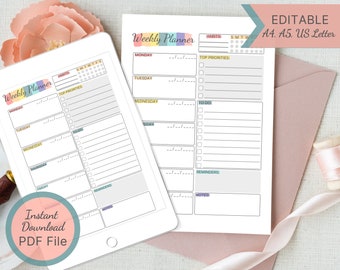 Printable Weekly Planner / Editable Week Organizer / To-Do List / Planner Insert Template / Blank Weekly Agenda / Task List / Habit Tracker