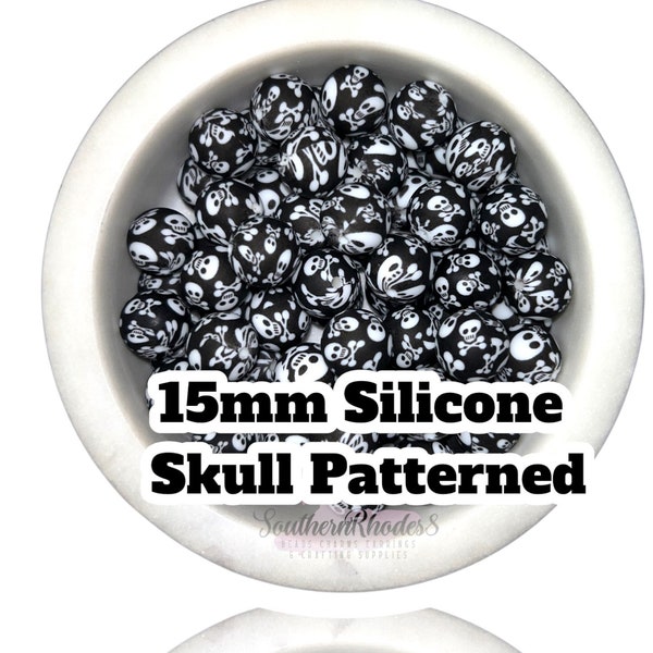 SKULL PATTERNED 15mm Silicone Round Beads | Food Grade Silicone | Sensory Beads | Wholesale Beads | 5, 10 or 20 count