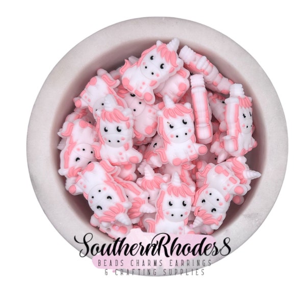 Pink & White Unicorn Silicone Focal Beads | Beadable Pen Beads | Unicorn Beads | Silicone Beads | Animal Beads | 1, 5, or 10 Beads Wholesale