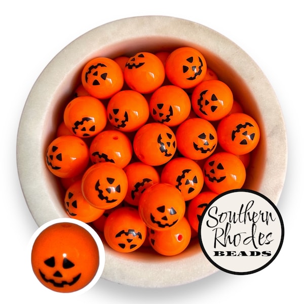 20mm Orange Jack O Lantern Pumpkin Printed Pearl Bubblegum Acrylic Chunky Beads | Set of 10 | Halloween, Fall, Pumpkin, Necklace Beads (V7)