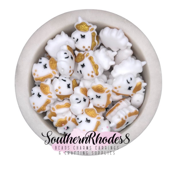 Gold & White Unicorn Silicone Focal Beads | Beadable Pen Beads | Unicorn Beads | Silicone Beads | Animal Beads | 1, 5, or 10 Beads Wholesale
