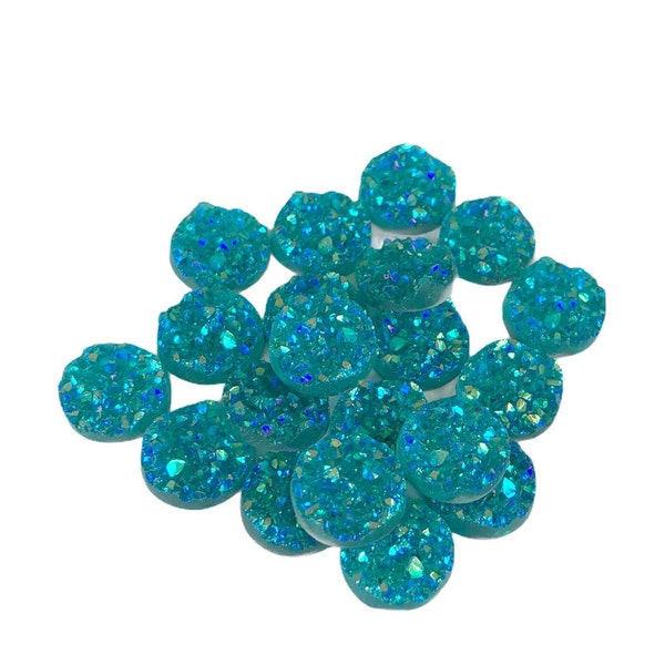10 Pieces 12mm (1/2 inch) Frosted Blue Druzy Cabochon Flatback Round Jewelry Making Embellishments