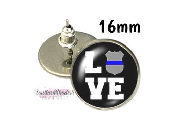 Police Support 16mm Stud Earrings | Badge Love | Back The Blue | Thin Blue Line | Police Wife | Large Stud Earrings | Cabochon Studs