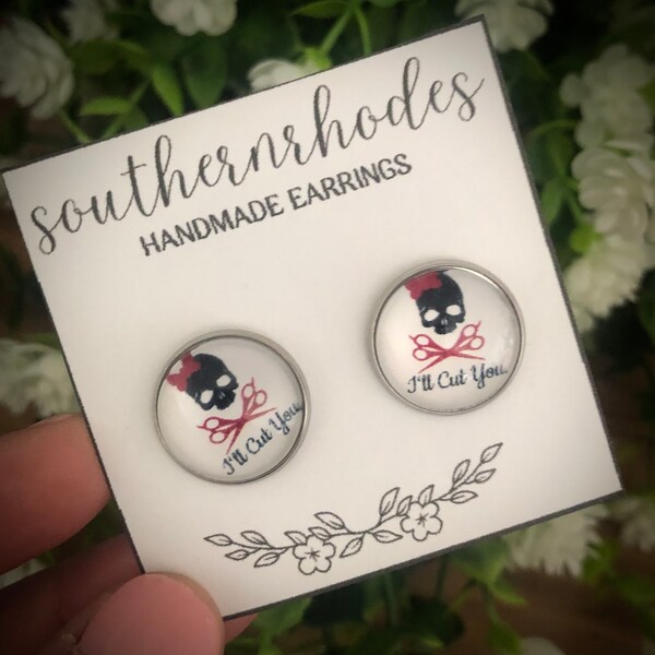 Hairstylist 16mm "I'll Cut You" Skull Stud Earrings | Funny Earrings | Hair Earrings | Hairstylist Gift