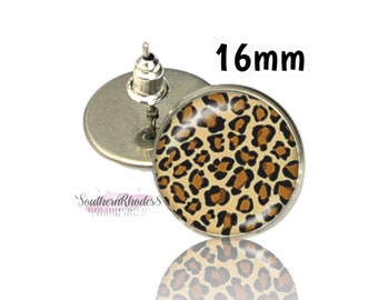 Leopard Print 16mm Large Stud Earrings | Post Earrings | Cabochon Earrings | Leopard Earrings | Post Stud Earrings