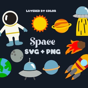 May include: A set of colorful space-themed illustrations, including an astronaut, a sun, a planet, a spaceship, a comet, and a rocket. The text "Space SVG + PNG" is also included in the image.