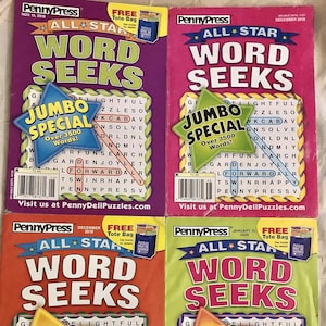 May include: Four colorful PennyPress All-Star Word Seeks puzzle books. Each cover features the title "WORD SEEKS" and a "JUMBO SPECIAL" starburst with over 3500 words. The books are dated November 15, 2019, December 2019, December 2018, and January 15, 2020.