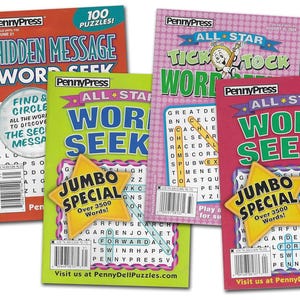 May include: A collection of PennyPress word search puzzle books. The covers are in various colors, including red, green, pink, and red. Each book features the title "Word Seek" or "Hidden Message Word Seek" with additional text and a "Jumbo Special" starburst.