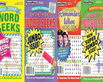 May include: Four colorful magazine covers featuring word search puzzles. The covers feature the titles "All Star Word Seeks", "Penny's Finest Super Word Seeks", "Spotlight Remember When Word Seek", and "Penny's Finest Good Time Word Seeks". Each cover features a large starburst with the words "Jumbo Special", "Jumbo Issue", "New Super Jumbo Size", and "New Super Jumbo Size" respectively.