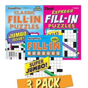 May include: A 3-pack of crossword puzzle books. The books are titled "Classic Fill-In Puzzles", "Express Fill-In Puzzles", and "Fill-In Puzzles Super Jumbo!" The books are all in different colors and have a variety of crossword puzzles.