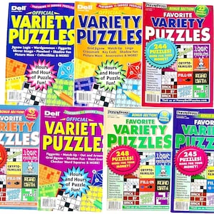 May include: A collection of eight colorful puzzle books with the title "Variety Puzzles" and "Favorite Variety Puzzles". The books feature a variety of puzzles, including logic problems, crypto families, fill-in puzzles, word seek, and more. The books are published by Dell and Penny Press.