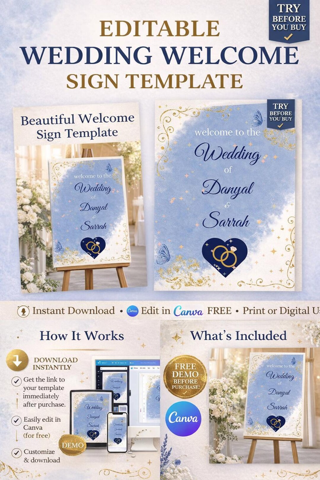 Editable Wedding Welcome Sign Template | Blue Gold Desi Bridal Invite ...