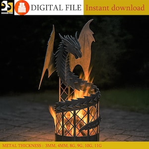 Peut inclure: Un brasero en métal en forme de dragon avec un design détaillé. Le dragon est gris foncé avec des ailes déployées et une longue queue. Le brasero est rempli de flammes, et le texte "DIGITAL FILE Instant download" est visible.