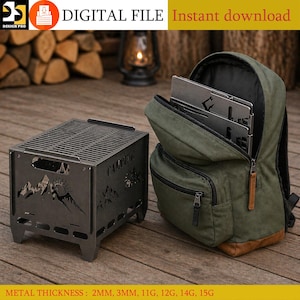 May include: A dark metal camping grill with a mountain and sun design, beside a green backpack holding metal grill plates. The grill has the word "CAMPING". The image also includes the text "DIGITAL FILE Instant download".
