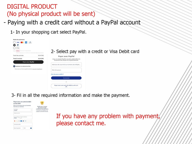 Pu&ograve; includere: Immagine di un prodotto digitale con istruzioni su come pagare con carta di credito senza un account PayPal. L'immagine mostra i passaggi per selezionare PayPal, scegliere il pagamento con carta di credito e compilare le informazioni. Il testo include "PRODOTTO DIGITALE".