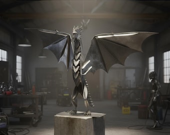 Scultura in metallo di drago 3D maestoso, file DXF – Arte in lamiera tagliata al laser CNC | Decorazione di drago fantasy alato