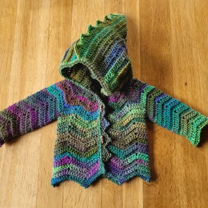 May include: A handmade crochet jacket in a vibrant mix of colors, including green, purple, and blue. The jacket features a hood with a spiky design and a zig-zag pattern. It has long sleeves and is buttoned up the front.