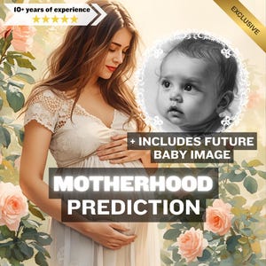 May include: An artistic illustration featuring a pregnant person in a white dress, surrounded by roses. The image includes a grayscale portrait of a baby and text that reads "Motherhood Prediction" and "Includes Future Baby Image."