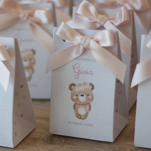 Cajas de regalo, "Teddy girl" con lazo rosa, cajas de marcador de posición, cajas de confeti personalizadas, oso de peluche de bautismo de nacimiento