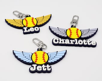 Softball Wings Personalized Keychain / Keyring / Bag Tag / Name Tag - 3D Printed Plastic