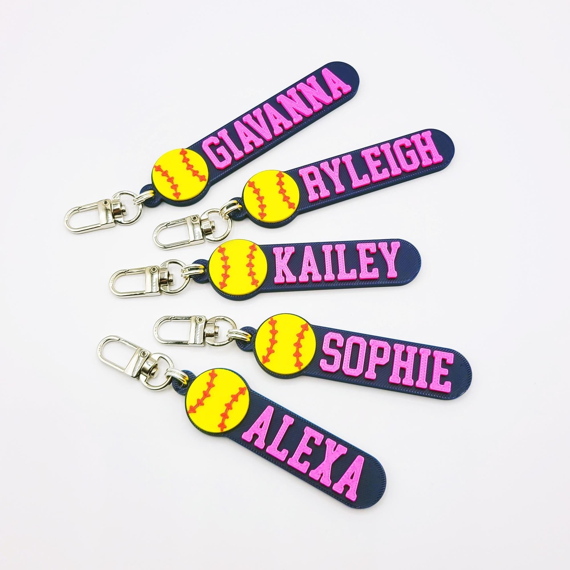 Colored Softball Personalized Keychain / Keyring / Bag Tag / Name Tag - 3D Printed Plastic