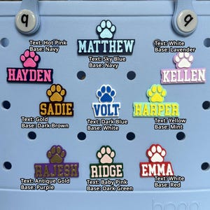 May include: A set of 10 colorful personalized name tags with paw prints. The tags are made of a soft, flexible material and are perfect for adding a personal touch to your belongings. The names on the tags are: Hayden, Matthew, Kellen, Sadie, Volt, Harper, Rajesh, Ridge, and Emma.