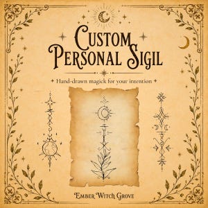 Könnte beinhalten: Eine Illustration im Pergamentstil mit dem Text "CUSTOM PERSONAL SIGIL" und "Hand-drawn magick for your intention." Das Design umfasst detaillierte Strichzeichnungen, Himmels- und Pflanzenmotive, mit "EMBER WITCH GROVE" am unteren Rand.