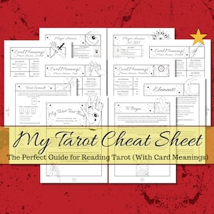 May include: A black and white illustrated cheat sheet for tarot card readings. The cheat sheet includes card meanings, spreads, and elements. The title of the cheat sheet is "My Tarot Cheat Sheet: The Perfect Guide for Reading Tarot (With Card Meanings)".