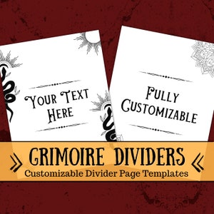 Könnte beinhalten: Zwei druckbare Trennseiten für ein Grimoire oder Tagebuch. Die Seiten zeigen eine schwarze Schlange mit einer Sonne und einem Mandala-Design. Der Text "Your Text Here" und "Fully Customizable" ist auf den Seiten enthalten.