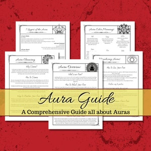 May include: A guide to auras, with illustrations and text explaining the seven layers of the aura, aura cleansing, aura colours and meanings, and how to visualise your aura. The guide includes the text "Aura Guide: A Comprehensive Guide all about Auras".